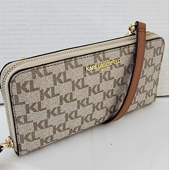 Karl Lagerfeld Monogram Brown Leather Wristlet Taupe Women's Crossbody - Picture 2 of 13